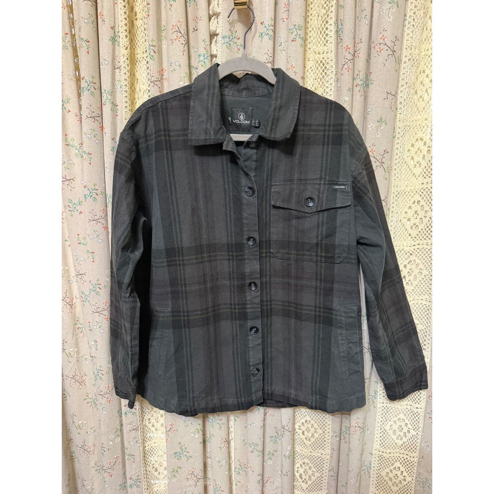 Volcom Women's Large Black Plaid Cotton Button Front Shacket